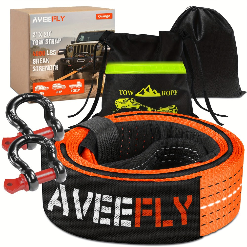 Recovery Tow Strap 4-in-1 Kit 4000-6000 LBS - Off-Road Emergency Strap with D-Ring Shackles, Safety Flag & Storage Bag for Truck, Jeep, ATV, UTV