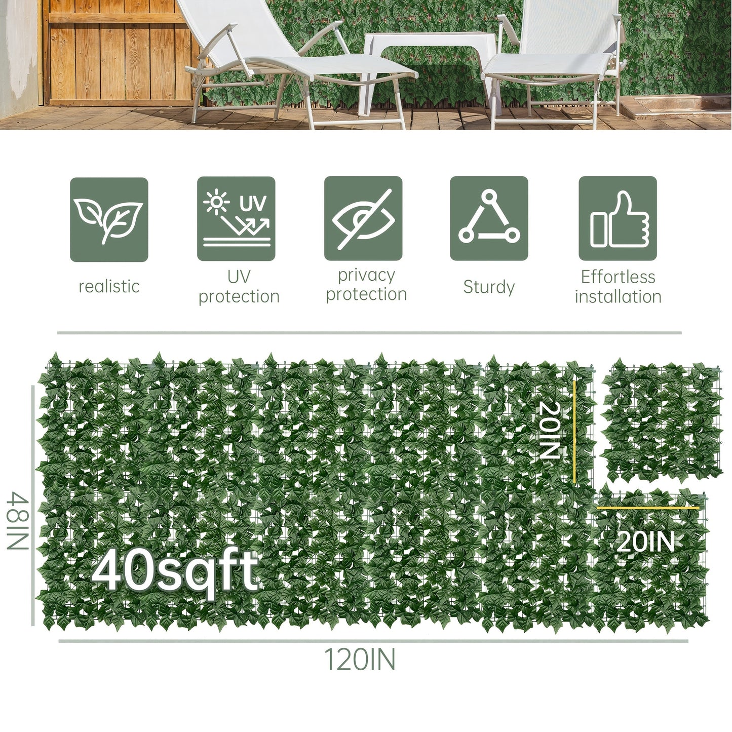 Artificial Ivy Privacy Fence Screen in 13 Size Options with Cuttable Green Leaf Panels for Patio or Balcony