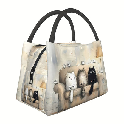 Insulated Lunch Bag with Cat Design - Reusable Polyester Lunch Tote for Women, Portable Cooler Bag for Work, Picnic, Hiking & Beach, Easy to Clean, Animal Print