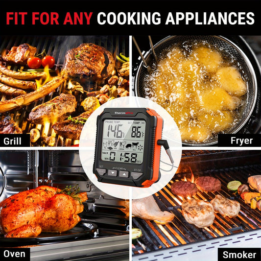 Digital Meat Thermometer with Probe Backlit Display Temp Alert for BBQ Smoker Oven Cooking - 6 Meat Presets 3 Doneness Levels Wide Range 14°F to 572°F Countdown Timer Kitchen Cooking Thermometer
