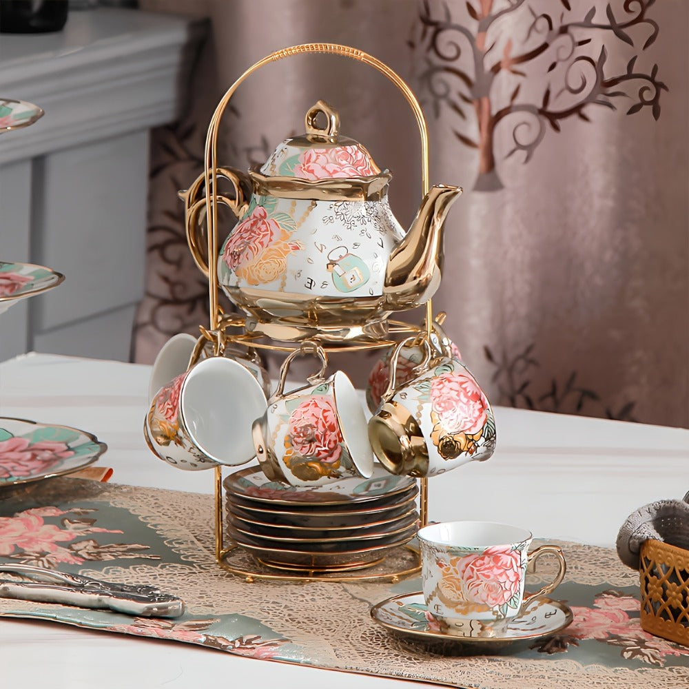Twenty-Piece Floral Ceramic Tea Set with 15-Ounce Teapot, Six Cups, Saucers, Spoons and Metal Rack