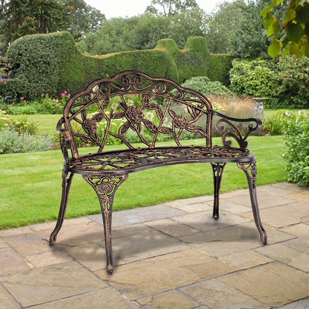 Floral Metal Outdoor Bench with 38.5in Rose-Pattern Seat and Back, Curved Arms and Four Color Options