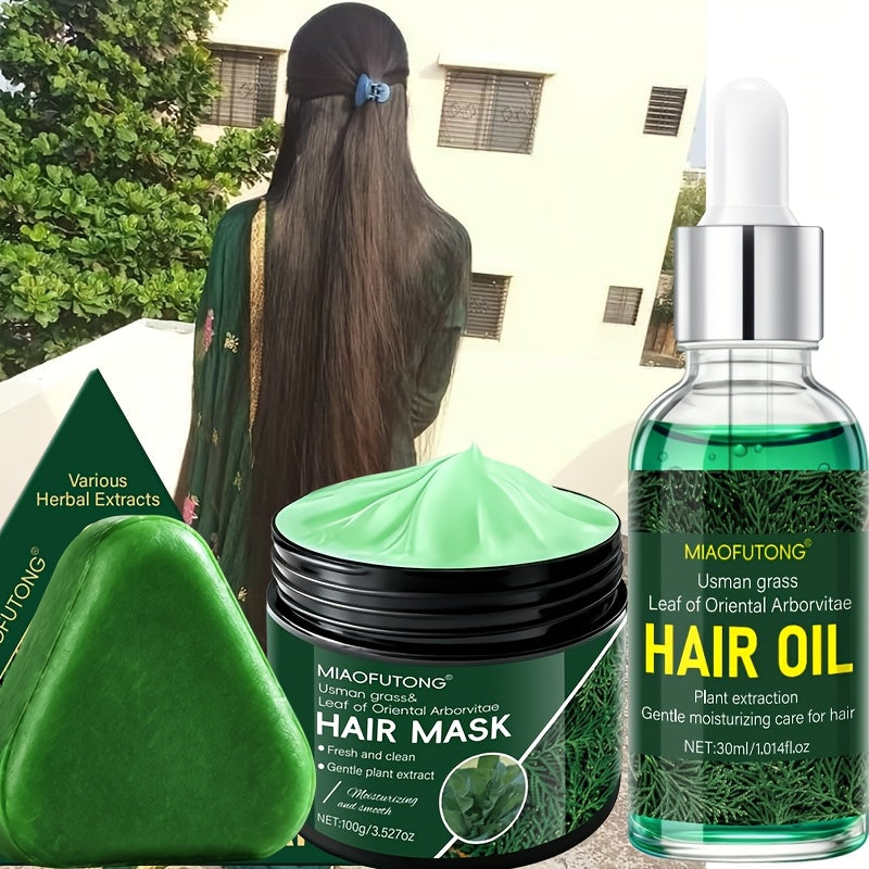 Three-Piece Usman Grass Hair Care Kit with 120g Triangular Shampoo Bar, Oil and Mask Formats