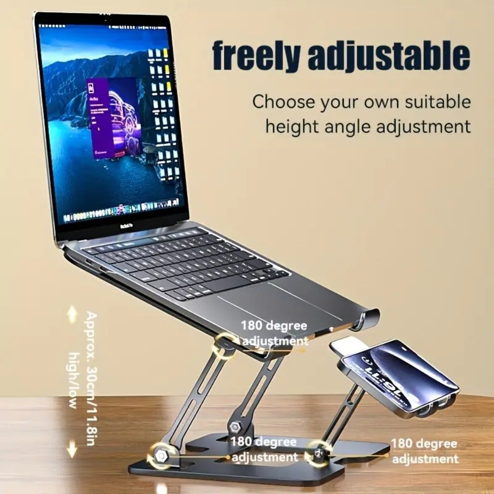Adjustable Laptop Stand 2-in-1, Carbon Steel Ergonomic Computer & Phone Stand, 180° Height Adjustment, Foldable Portable Desk Stand for MacBook, Tablet, Mobile Phone – Silver/Black