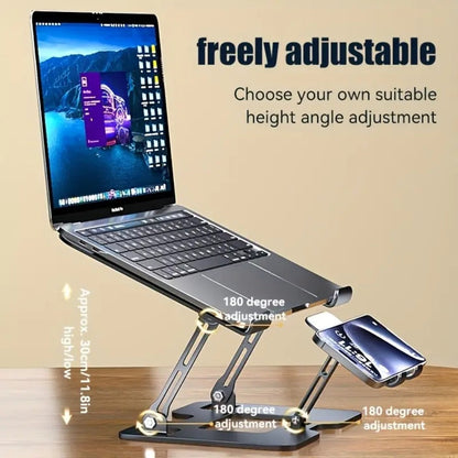 Adjustable Laptop Stand 2-in-1, Carbon Steel Ergonomic Computer & Phone Stand, 180° Height Adjustment, Foldable Portable Desk Stand for MacBook, Tablet, Mobile Phone – Silver/Black