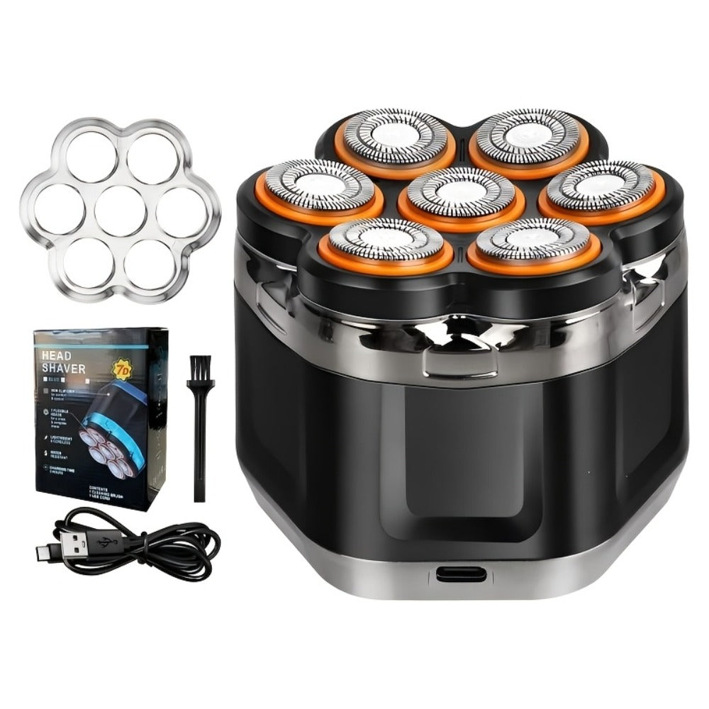 Black 7-Head Rotary Electric Head Shaver with Magnetic Blade Assembly, Digital Display and USB-C Cable