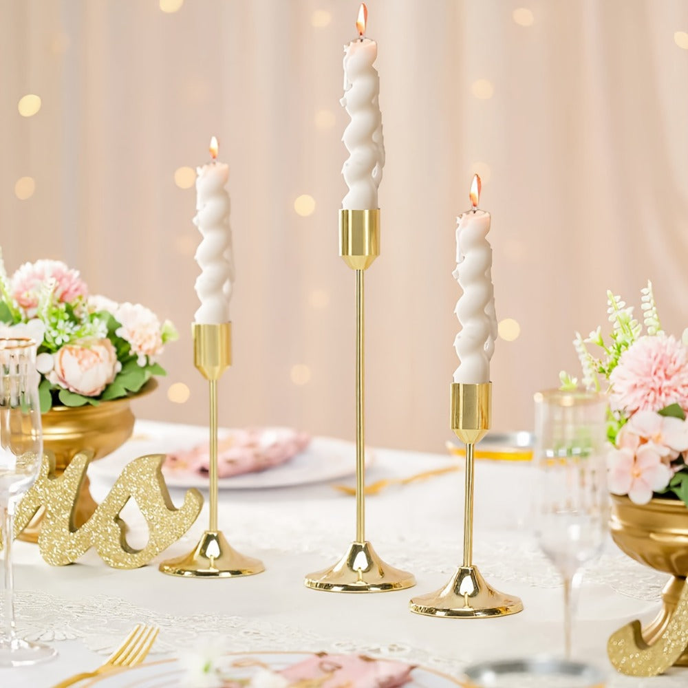 Candle Holder Set 12-Piece Metal Taper Stands in Three Heights with Gold, Silver or Black Finish Options