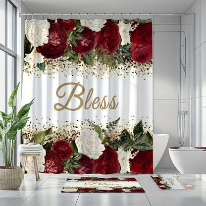 Four-Piece Rose and Bless Shower Curtain Set with Coordinated Mats, Lid Cover and Twelve White Hooks