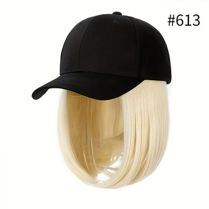 Baseball Cap with Attached 12-Inch Straight Bob Hairpiece in Style4, Black, 613 or 107 Checkout Options