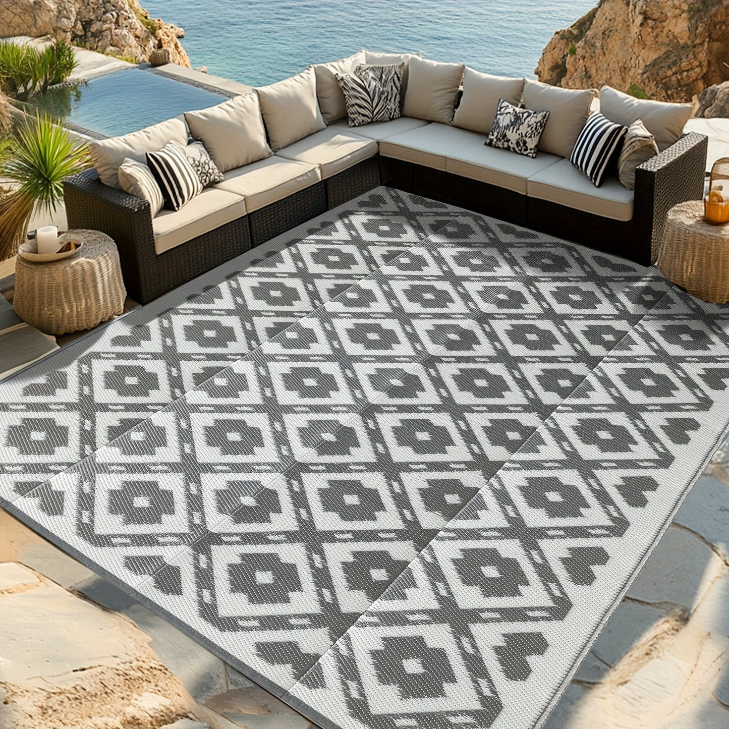 Outdoor Area Rug Waterproof Foldable Picnic Mat for Patio Balcony RV Camping Beach Garden – Blue Clover & Gray, Multiple Sizes
