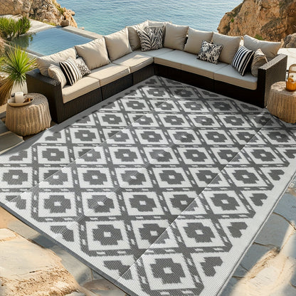 Outdoor Area Rug Waterproof Foldable Picnic Mat for Patio Balcony RV Camping Beach Garden – Blue Clover & Gray, Multiple Sizes