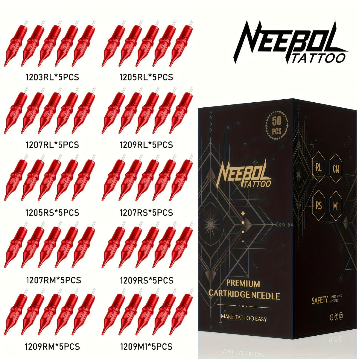 Assorted Tattoo Cartridge Needles Set 20/50pcs - Round Liner Shader Curved Mag Mixed Pack, #10 Bugpin #12 Standard