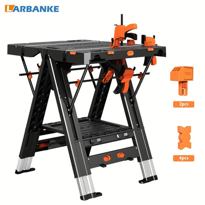 Folding Workbench Sawhorse 2-in-1 Waterproof Height Adjustable Aluminum Legs 150LBS Clamp Force with 4 Woodworking Clamps for DIY Garage Workshop Portable