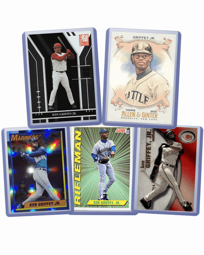 Sports Trading Cards, Ken Griffey Jr Five-Card Baseball Lot with Topps, Panini, Fleer and Donruss Artwork