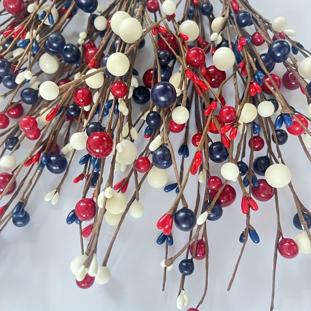 Artificial Berry Branches Red White Blue Patriotic Decor – 5pcs Fake Plastic Stems for Home Tabletop Vase Floral Arrangement Fourth of July