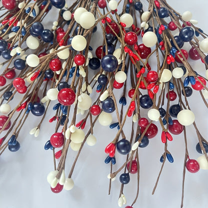 Artificial Berry Branches Red White Blue Patriotic Decor – 5pcs Fake Plastic Stems for Home Tabletop Vase Floral Arrangement Fourth of July