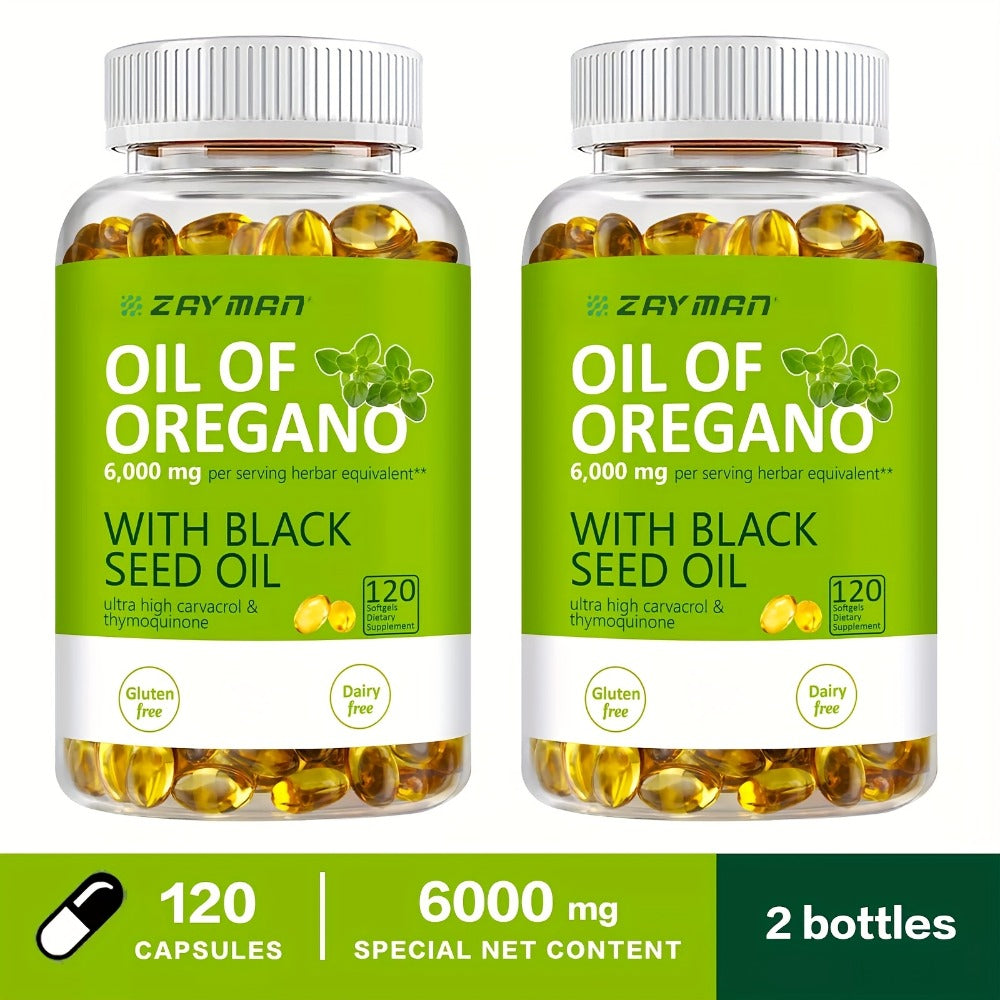 Herbal Supplements with ZEYMAN Label, Oregano Oil 6000mg and Black Seed Oil 200mg Softgels, 120 Count
