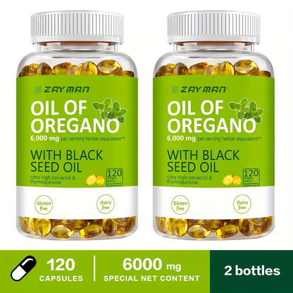 Herbal Supplements with ZEYMAN Label, Oregano Oil 6000mg and Black Seed Oil 200mg Softgels, 120 Count