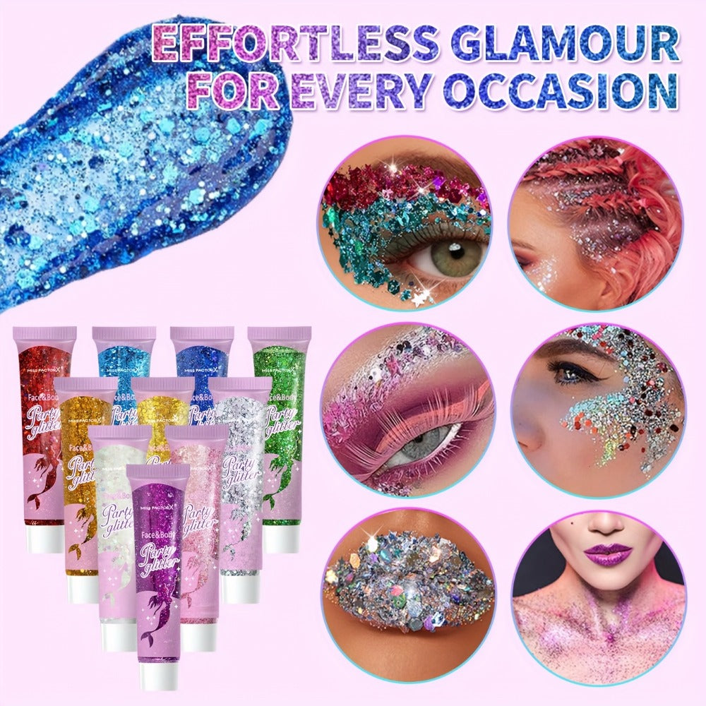 30-Piece Face and Body Glitter Gel Set with Mermaid Shapes, Stars and Hearts for Festival Makeup