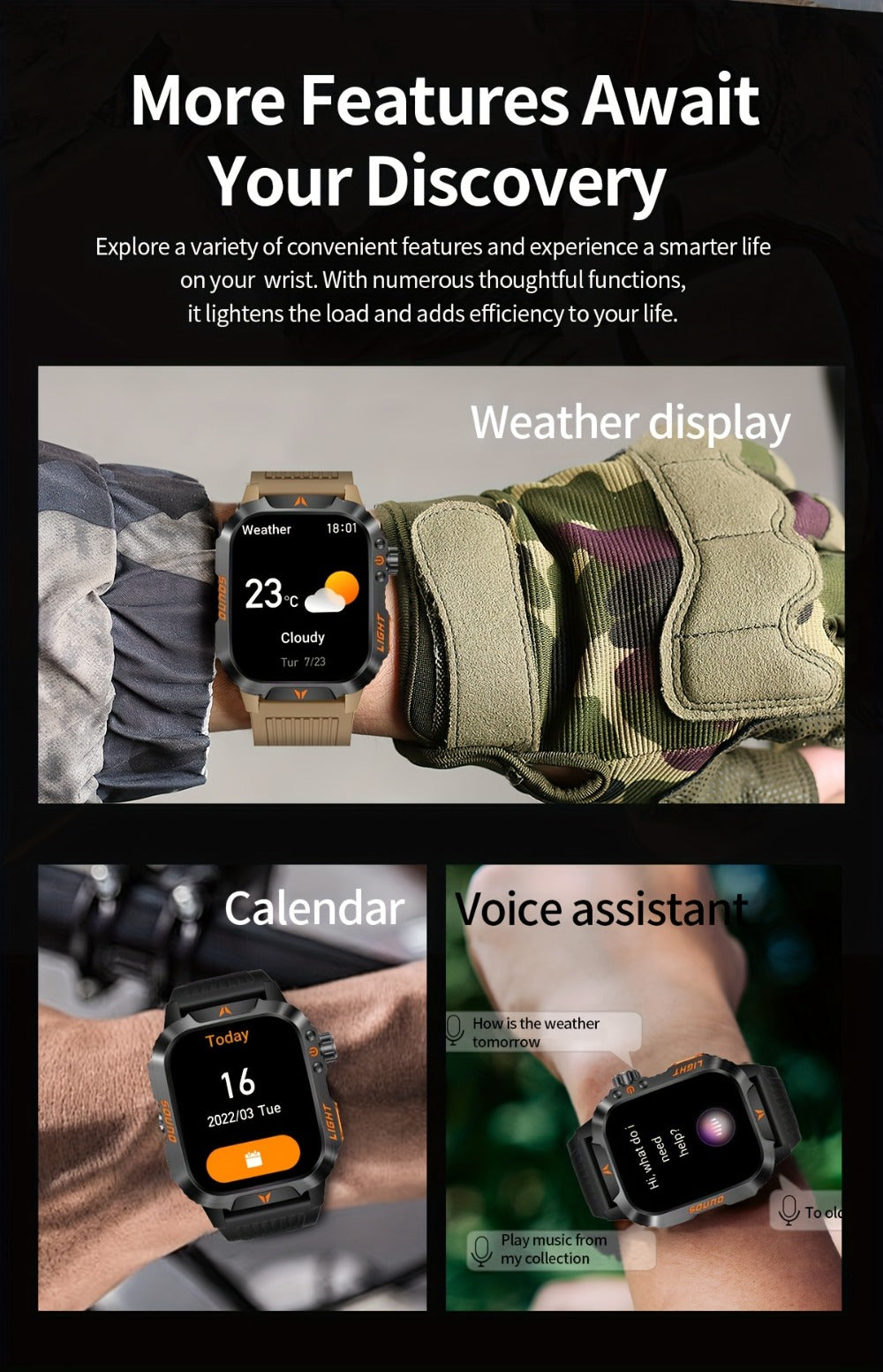 2.01" HD Compass Smartwatch for Men Women – Wireless Calling Outdoor Adventure Watch with LED Flashlight Fitness Tracker Pedometer Calorie Counter Long Battery Life Compatible with Android iPhone Couples Gift