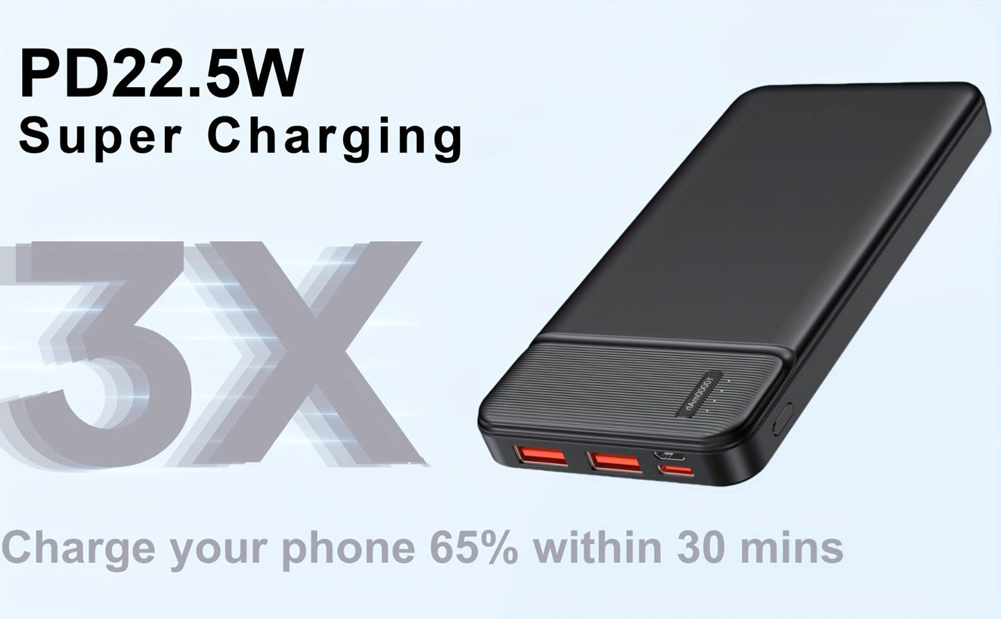 Power Bank 10000mAh Slim with 22.5W PD, 20W USB-C Input/Output and Dual USB-A Ports in Black or White