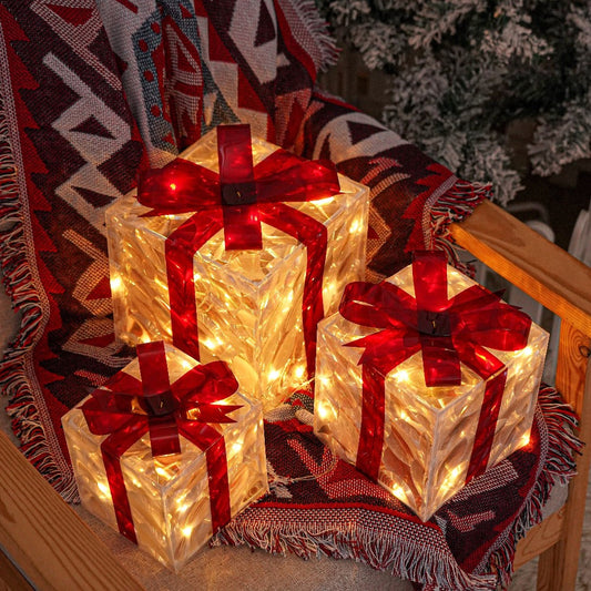 Christmas Light-Up Gift Boxes Set of 3 – USB & Battery LED Warm White Lighted Decorations with Timer, 8 Lighting Modes, Red Bow, Indoor Outdoor Holiday Home Decor