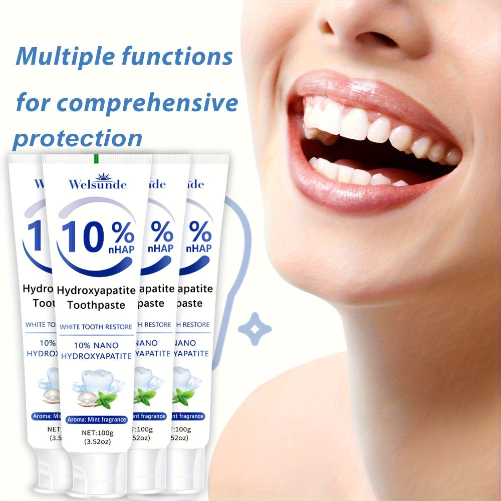 Four-Pack 100g Spearmint Toothpaste Tubes with 10% Hydroxyapatite Label and 400g Total Quantity