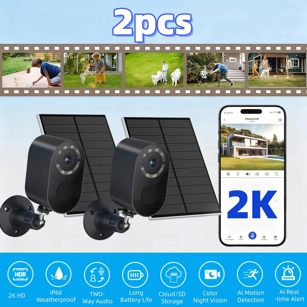 Security Camera 2K Solar Outdoor Model with Color Night Vision, Two-Way Audio, Human-Figure Alarm and Four Bundles