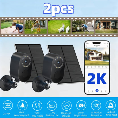 Security Camera 2K Solar Outdoor Model with Color Night Vision, Two-Way Audio, Human-Figure Alarm and Four Bundles