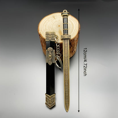 Seven-Piece Miniature Metal Sword Replica Set with Sheaths, Keychains and Ancient-Inspired Display Designs