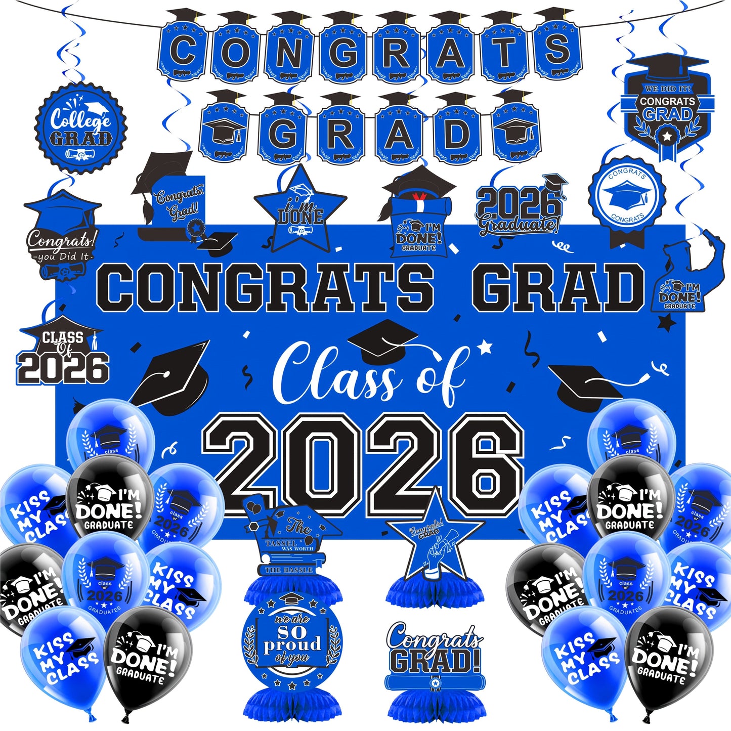 Class of 2026 Graduation Party Decorations – Complete Set with Backdrop Banner Hanging Swirls Balloons & Honeycomb Supplies, 6 Color Options Purple Maroon Blue Red Green Gold
