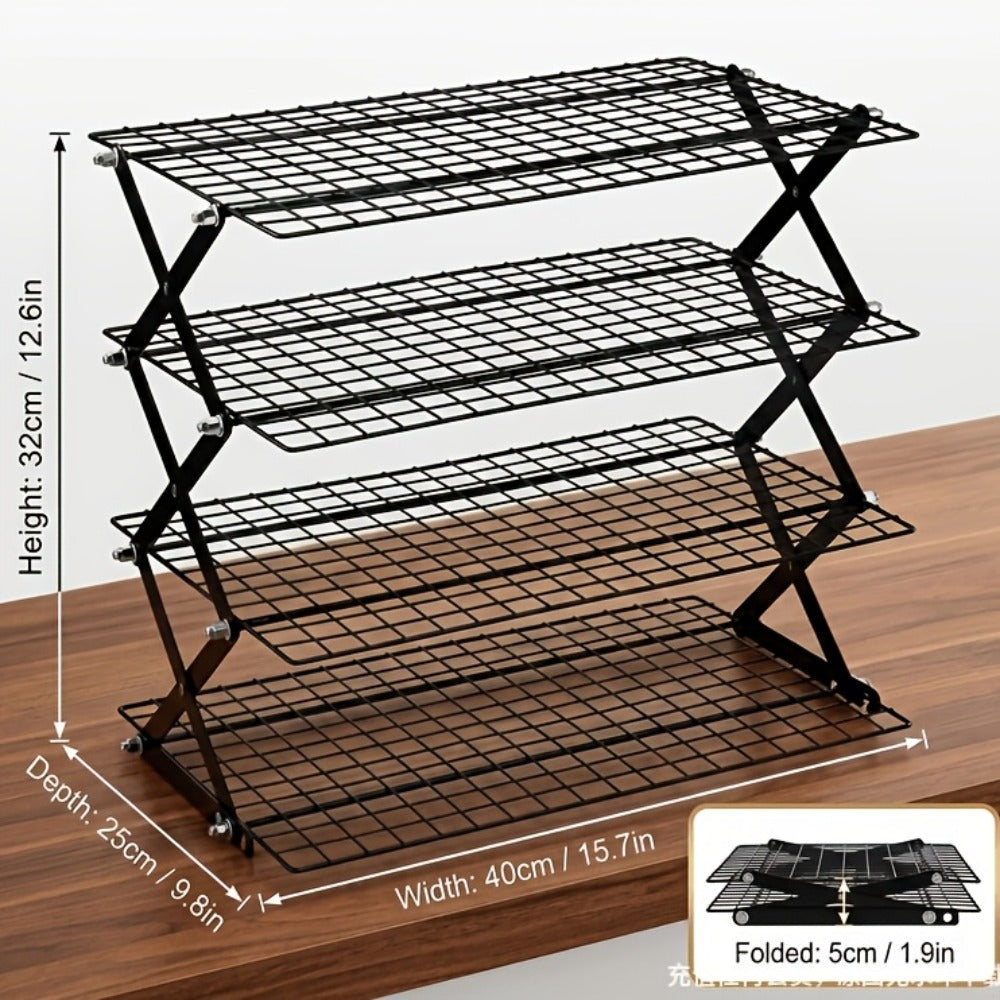 Foldable Cooling Rack for Baking, Stackable Wire Baking Rack with 4-Position Height Adjustment, Collapsible Metal Drying Rack for Cookies Cakes Bread, Camping Grill Rack