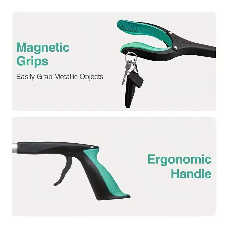 Folding Grabber Reacher with Rotating Silicone Jaws, Magnetic Pickup Tip, Wrist Cord and Green Handle