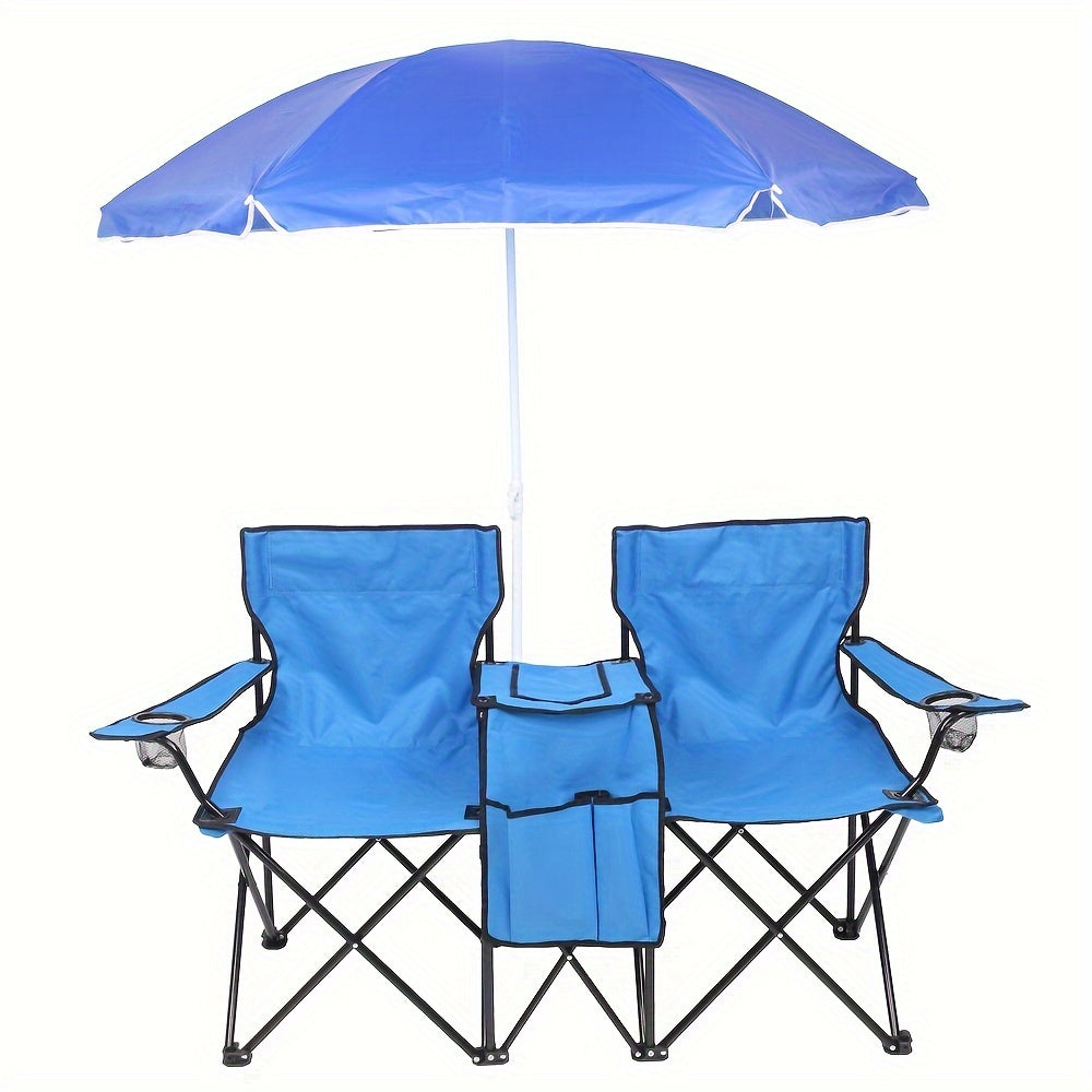 Portable Folding Chair with Removable Sun Umbrella - 2-Seat Outdoor Foldable Chair, Steel Frame Oxford Fabric, Lightweight Sun Shade Seat for Fishing Beach Camping Sunbathing Outdoor Activities