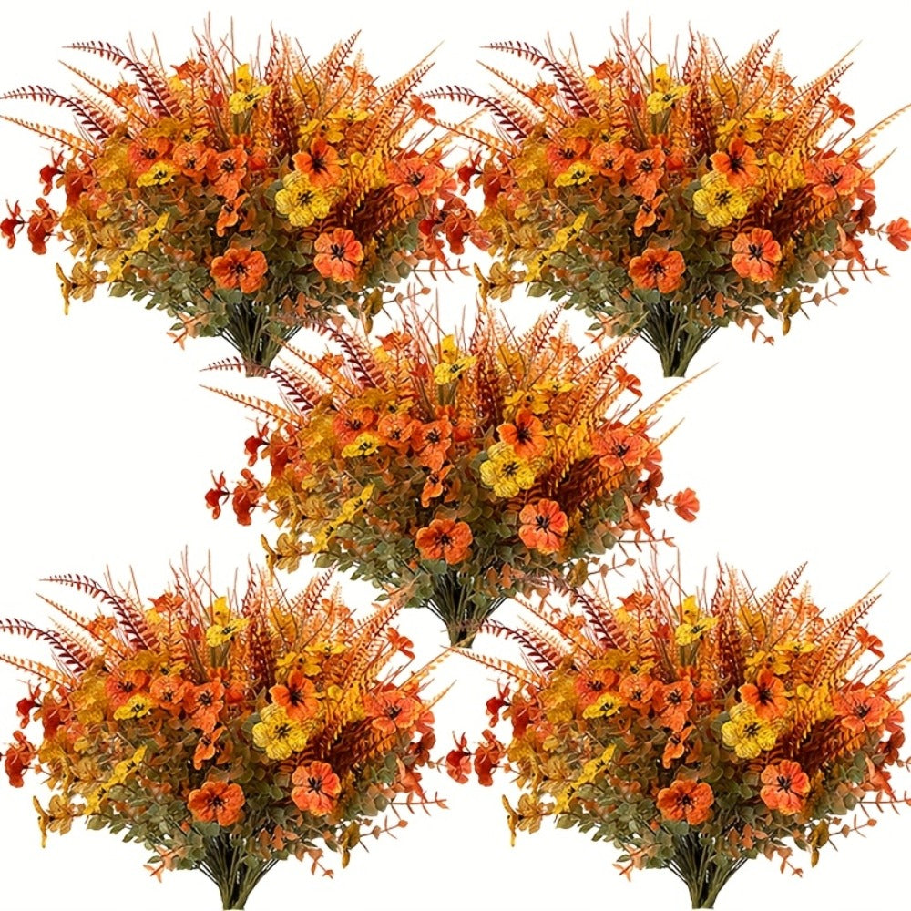 Artificial Autumn Flower Stems, Eight-Piece Set with Four Floral and Foliage Designs in Mixed Colors