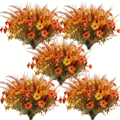 Artificial Autumn Flower Stems, Eight-Piece Set with Four Floral and Foliage Designs in Mixed Colors
