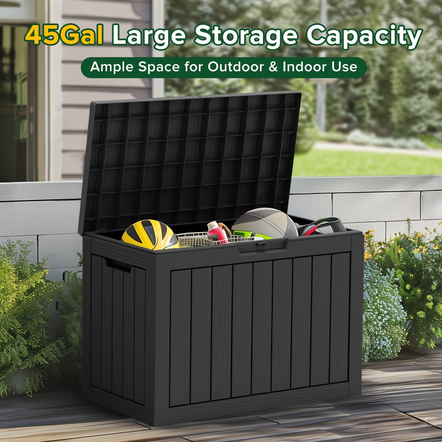 Molded-Panel Outdoor Storage Box with 36-, 45- or 51-Gallon Labels across Four Capacity-and-Color Models