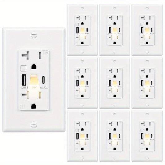 USB Wall Outlet with Night Light 20A 125V Tamper-Resistant - Type A & Type C Ports 5V 4.2A Fast Charging - ETL Listed USB C Electrical Outlet with Wallplate Included - White Smart USB Socket