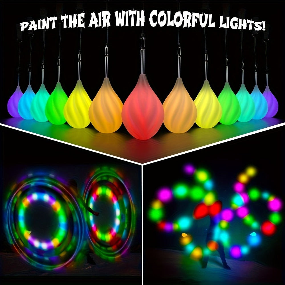 Glow Poi Balls LED Spinning Set 1 Pair – Rainbow Fade & Strobe Light Up Poi for Beginners & Professionals Flow Arts Dance Rave Festival Performance Toy Gift