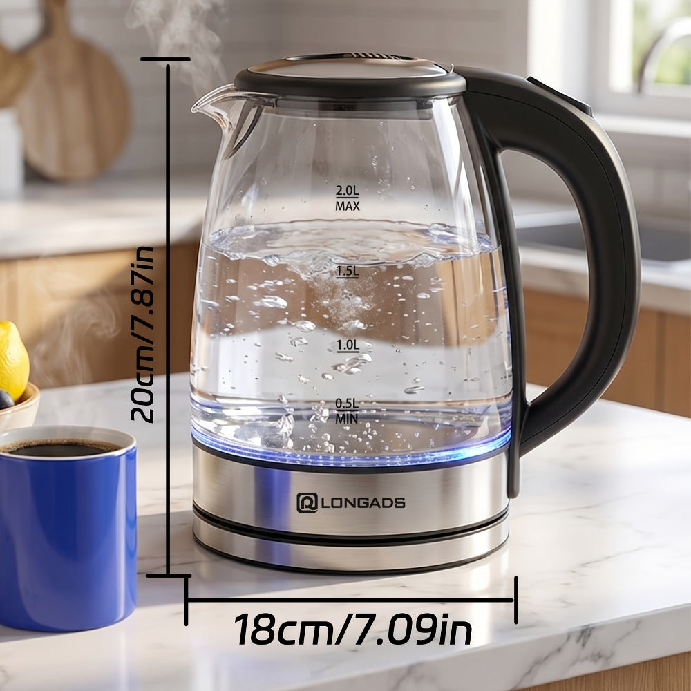 Glass Electric Kettle 2L Large Capacity – 1000W Fast Boil, Anti-Dry Burn Protection, See-Through Design for Coffee Milk Tea, Kitchen Dining Room Living Room Use, 67.63oz