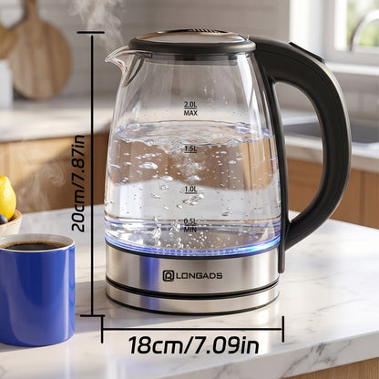 Glass Electric Kettle 2L Large Capacity – 1000W Fast Boil, Anti-Dry Burn Protection, See-Through Design for Coffee Milk Tea, Kitchen Dining Room Living Room Use, 67.63oz