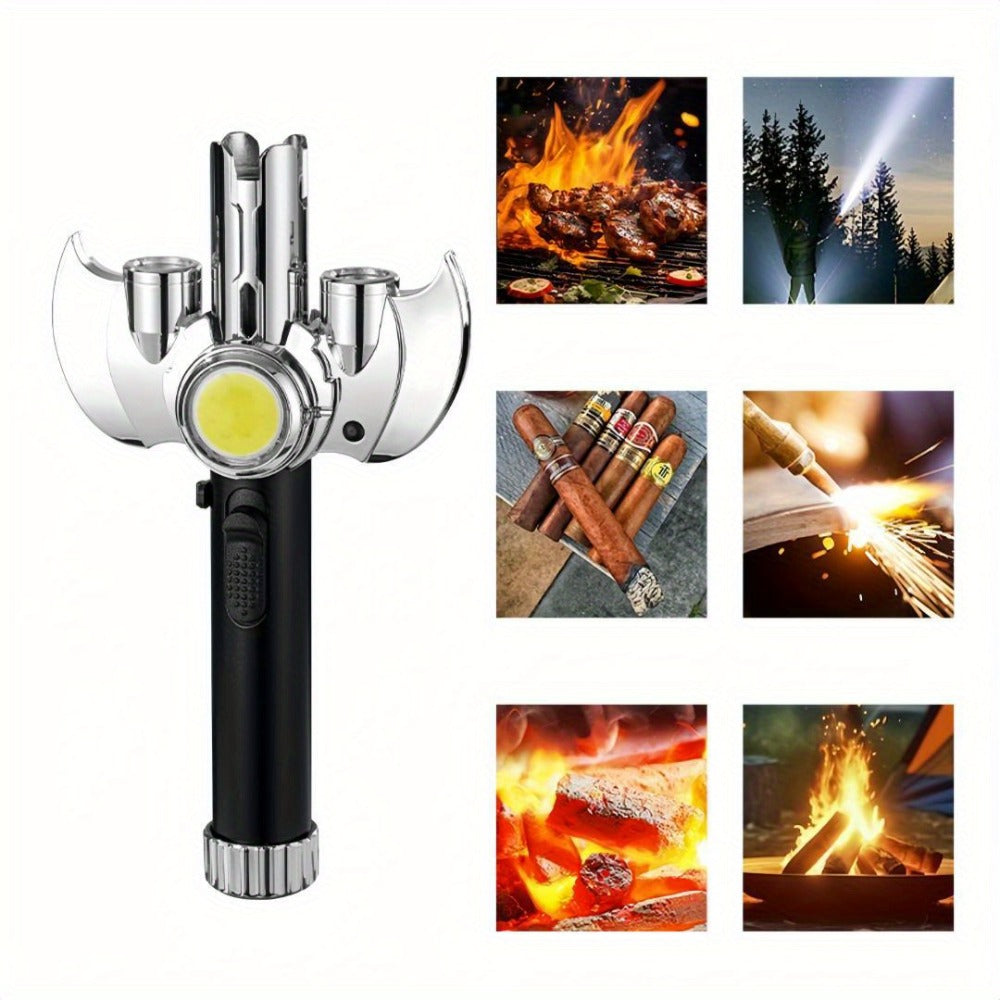 Multi-Nozzle Metal Torch Lighter with COB Auxiliary Light and Black or Silver-Tone Finish Options