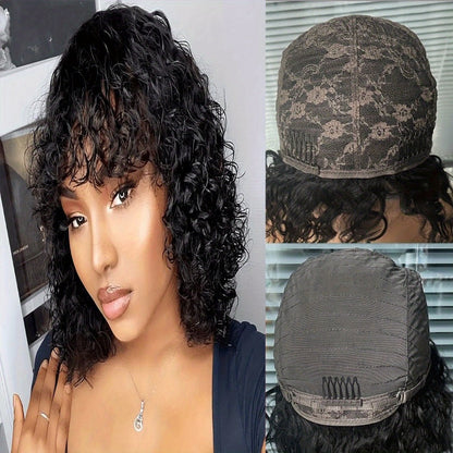 Wavy Elf-Cut Human Hair Wig with Bangs, Rose Mesh Cap and Black 10-Inch Layered Short-Hair Style