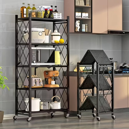 Three-to-Five-Tier Folding Storage Rack with Metal Shelves, Caster Wheels and Black or White Finish