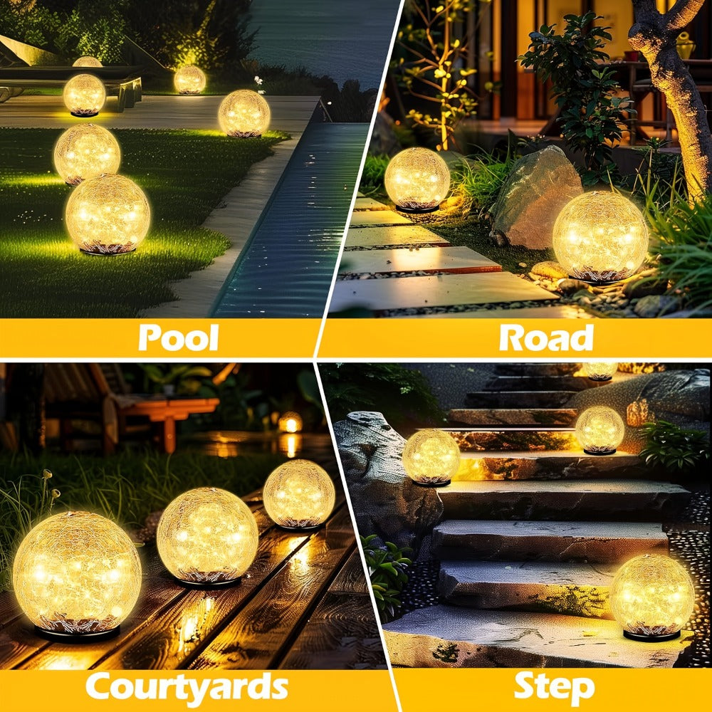 Solar Cracked-Glass Globe Garden Lights, Four-Piece Set in Warm White or Mixed Color Selections