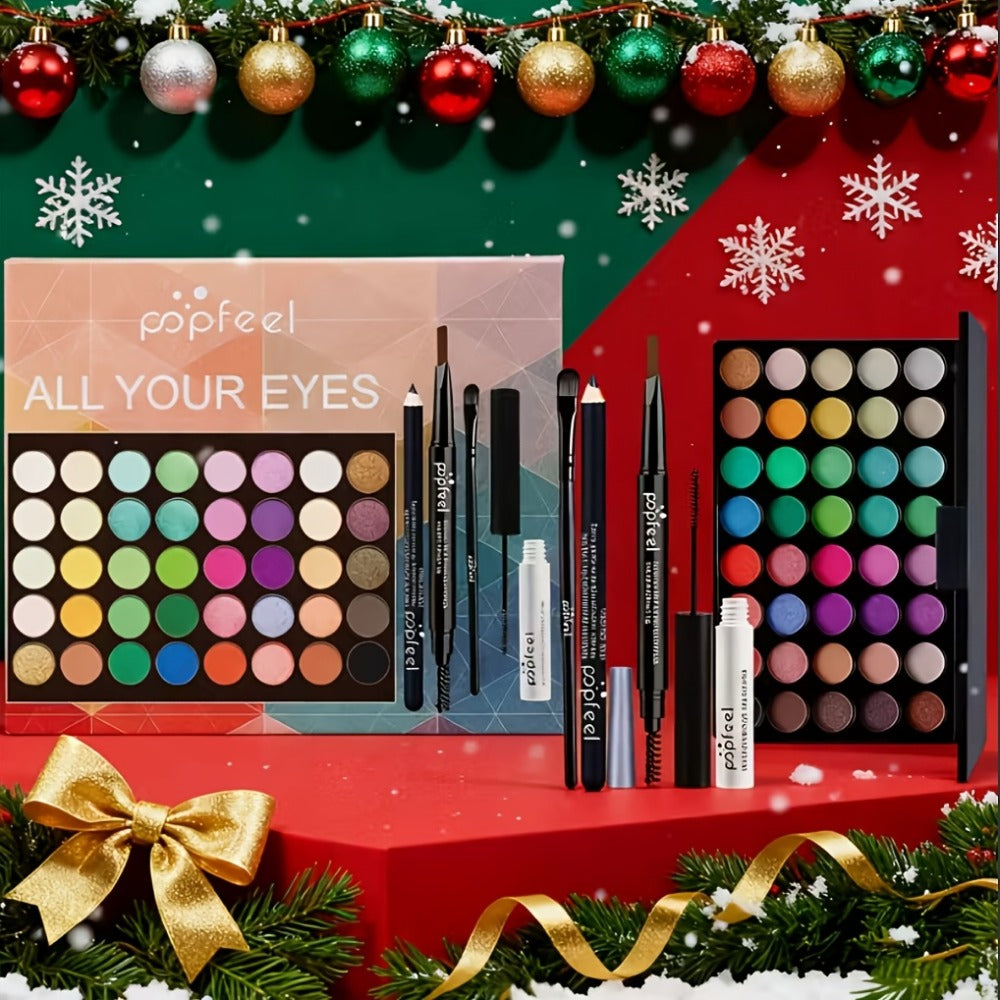 Makeup Gift Set POPFEEL 29-Color Eyeshadow Palette + Mascara + Eyeliner + Brow Pencil + Highlighter Powder + 7-Piece Brush Set | Complete Eye & Face Kit for All Skin Types | Beginner Friendly