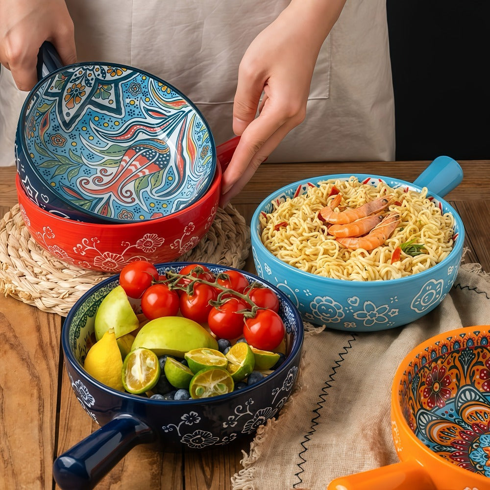 Four-Piece Bohemian-Style Ceramic Bowl Set with Handles in Light Blue, Blue, Red and Yellow
