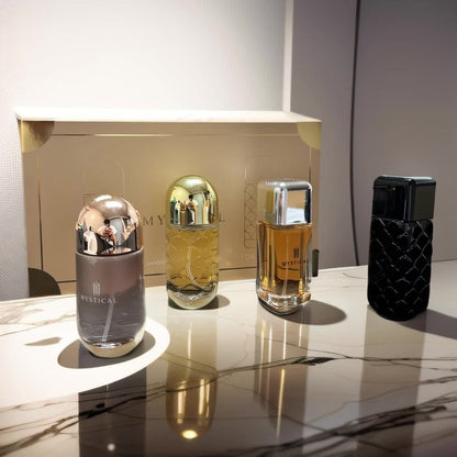Perfume Gift Set Four Mini Spray Bottles in 20ml or 30ml Sizes with Mixed Bottle Shapes and Fitted Box