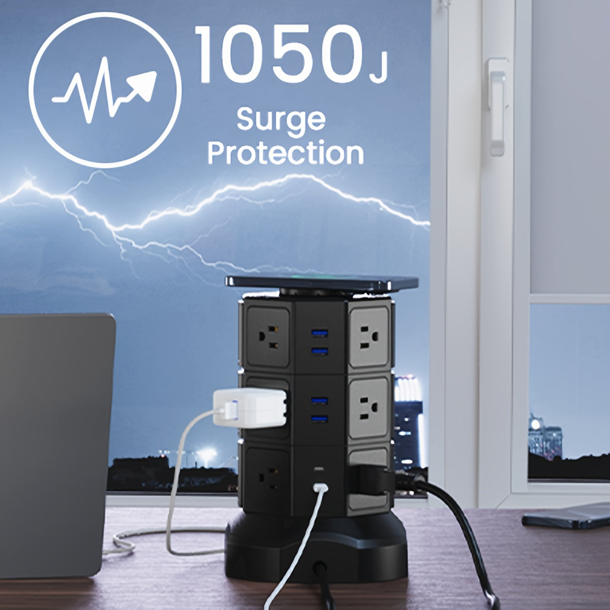 Power Strip Tower with 12 AC Outlets, 4 USB-A, 2 USB-C, 15W Magnetic Wireless Charger and 5.5-Foot Retractable Cord
