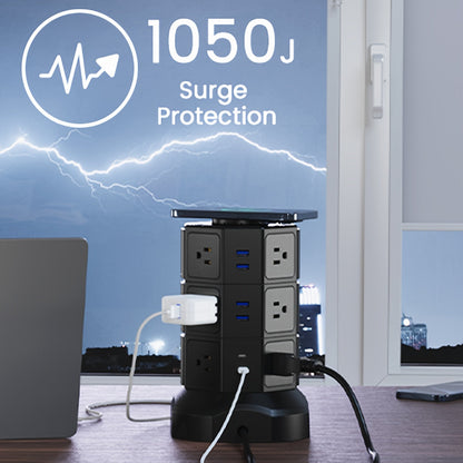 Power Strip Tower with 12 AC Outlets, 4 USB-A, 2 USB-C, 15W Magnetic Wireless Charger and 5.5-Foot Retractable Cord